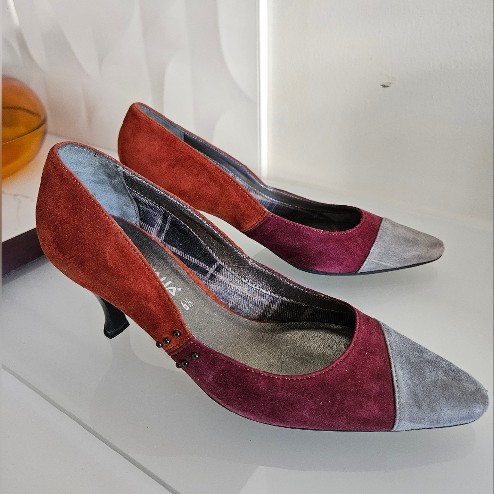 Aquatalia by Marvin K. Suede Burgundy Orange Grey Pumps US 6.5